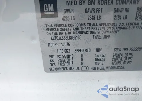 2020 Chevrolet Trax Fwd Ls из США, поврежденный, VIN KL7CJKSB3LB056136